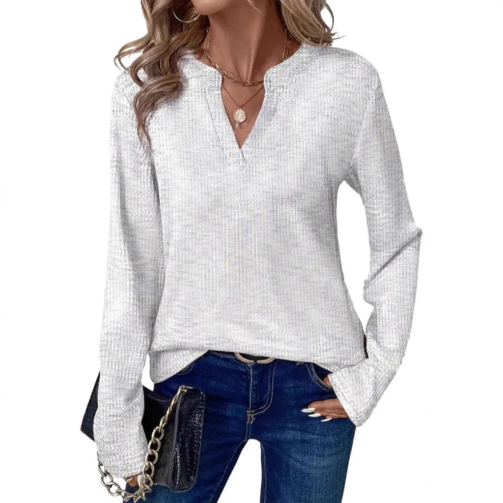 New Womens Notched V-Neck Long Sleeve Space Dye Waffle Knit Blouse Casual Loose Fit Top for Daily Wear Aurexia off