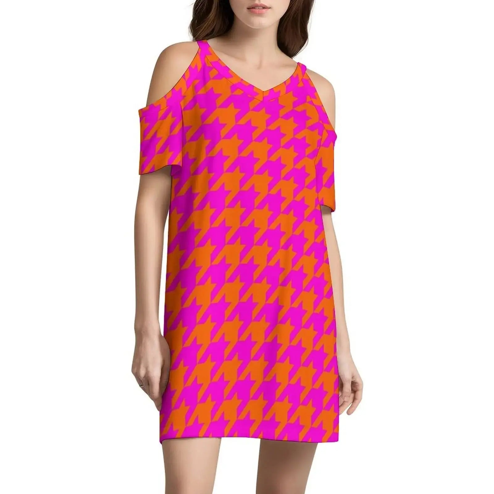 Pink & Orange Houndstooth Preppy Style Mini Dress For Women A-Line Loose Fit Casual Day Dress Large Houndstooth Dogstooth Pink Aurexia off