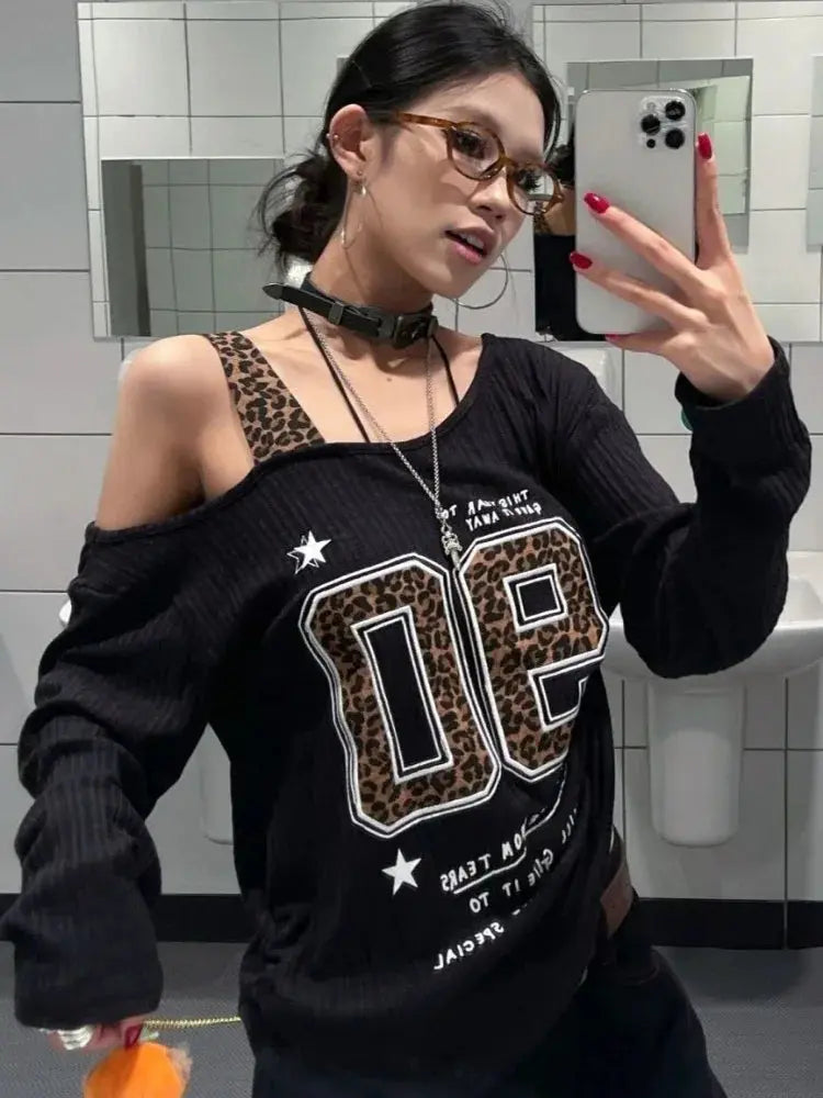 Y2K Patchwork Leopard Print T-Shirt Women Loose Streetwear Tee Grunge Casual Top Aurexia off
