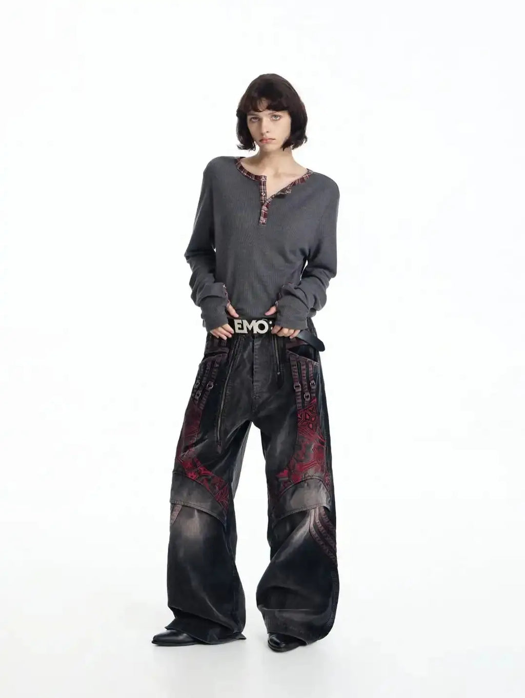 Gothic waffle long-sleeved henley shirt with checkered edging and back print T-shirt, Y2K street style Aurexia off