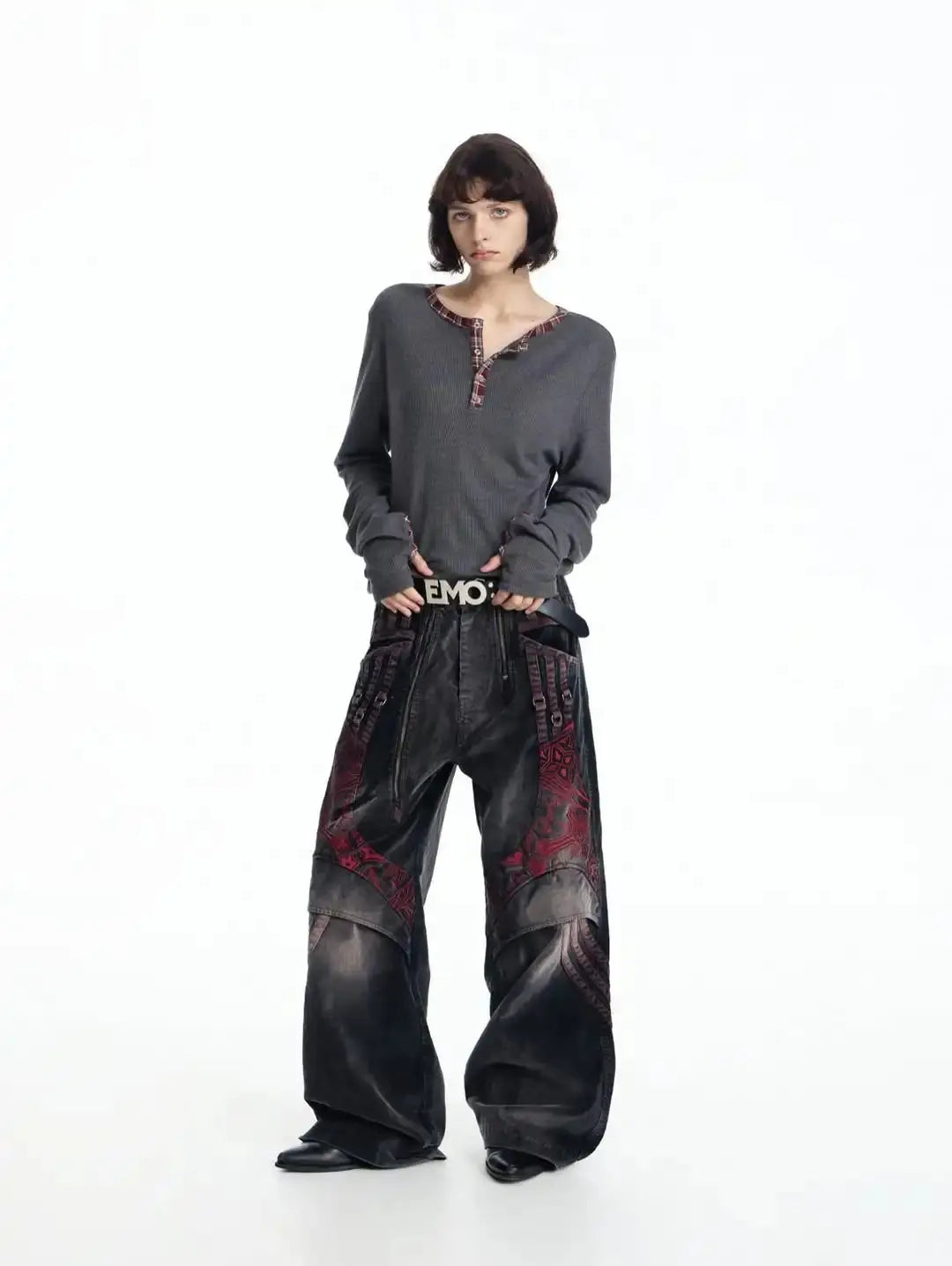 Gothic waffle long-sleeved henley shirt with checkered edging and back print T-shirt, Y2K street style Aurexia off