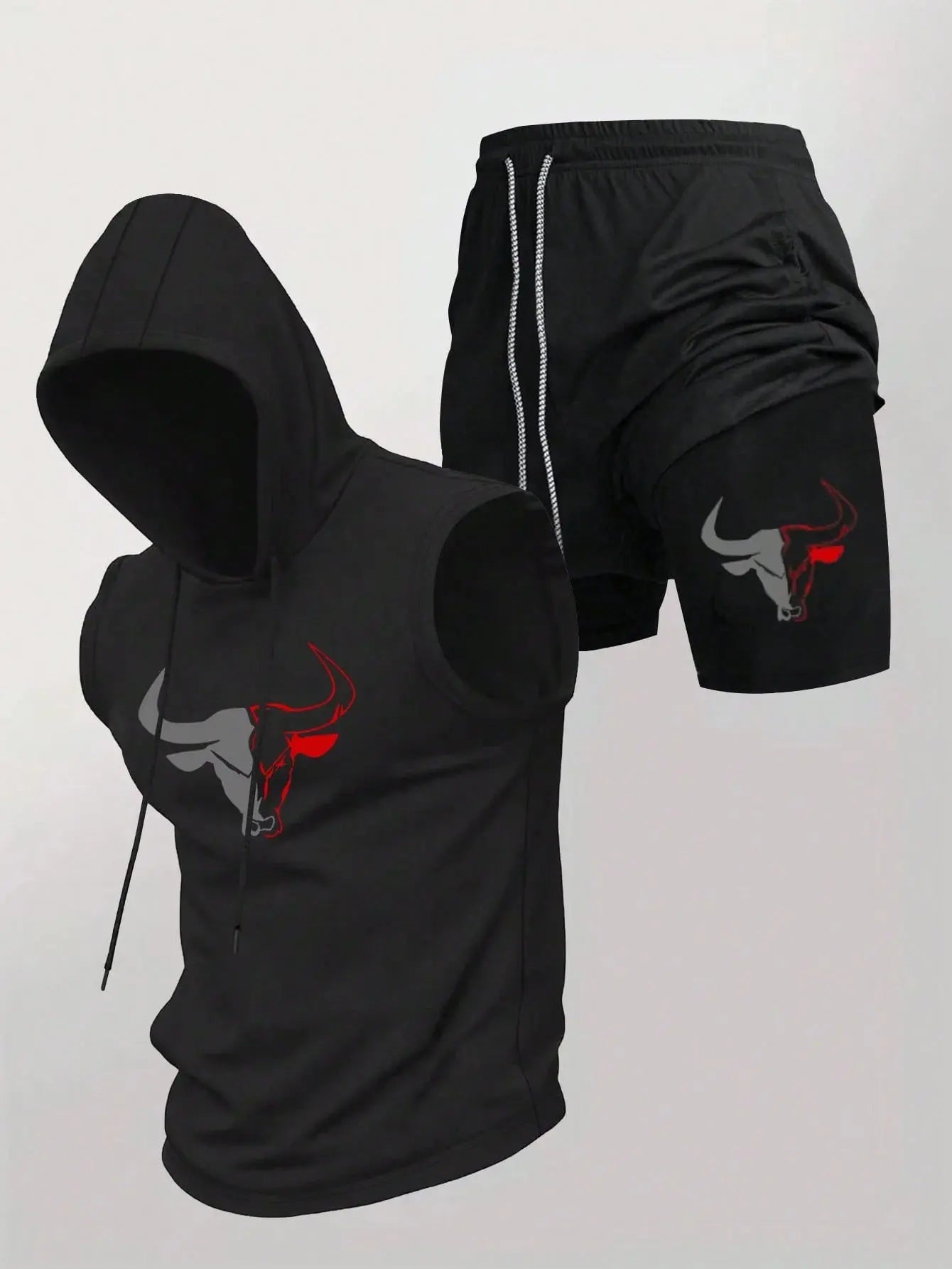 Men's 2 Piece Black Sleeveless Hooded Vest & Shorts Set, Bull Print Gym Tracksuit, Breathable Spring Summer Workout Fitness Wear Aurexia off