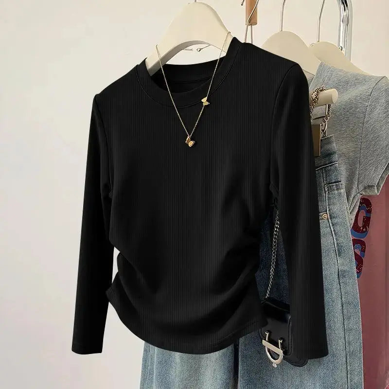 Spring and Autumn Women's Threaded T-shirt Top Soft Solid Color Round Neck Long Sleeve Fashionable Slimming Bottom Shirt Aurexia off