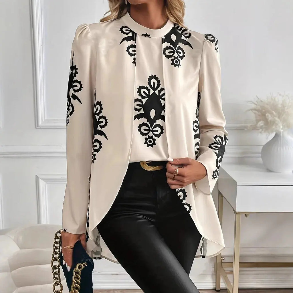 2026 Fashion Women's Long Sleeve Print Blouse, Elegant Office Top with Fake Two-Piece Design Aurexia off