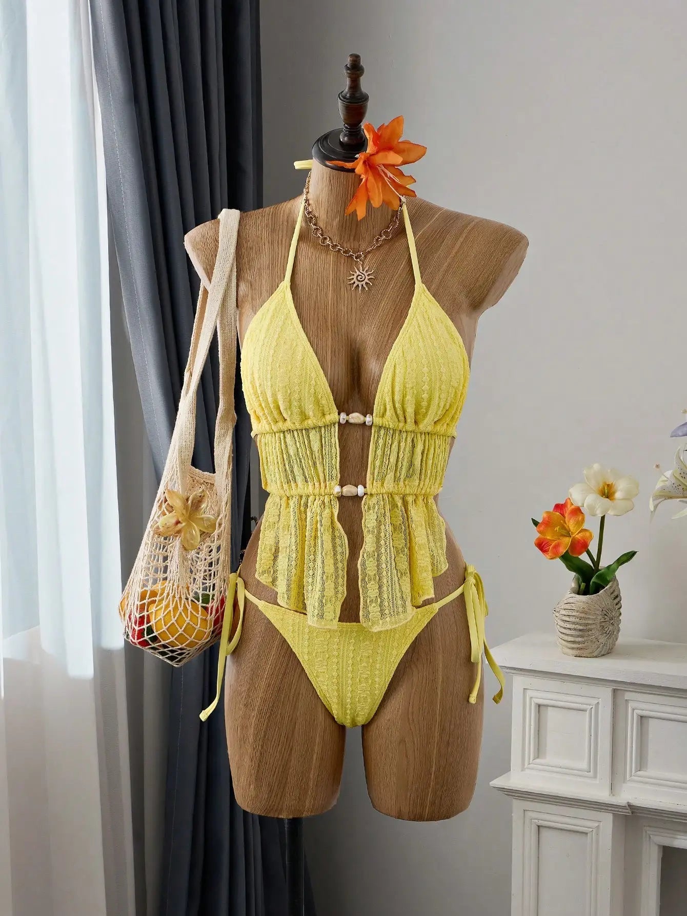 Cream Lace Halter Neck Tankini Set With Beaded Detail And Tie Side Bottoms Aurexia off