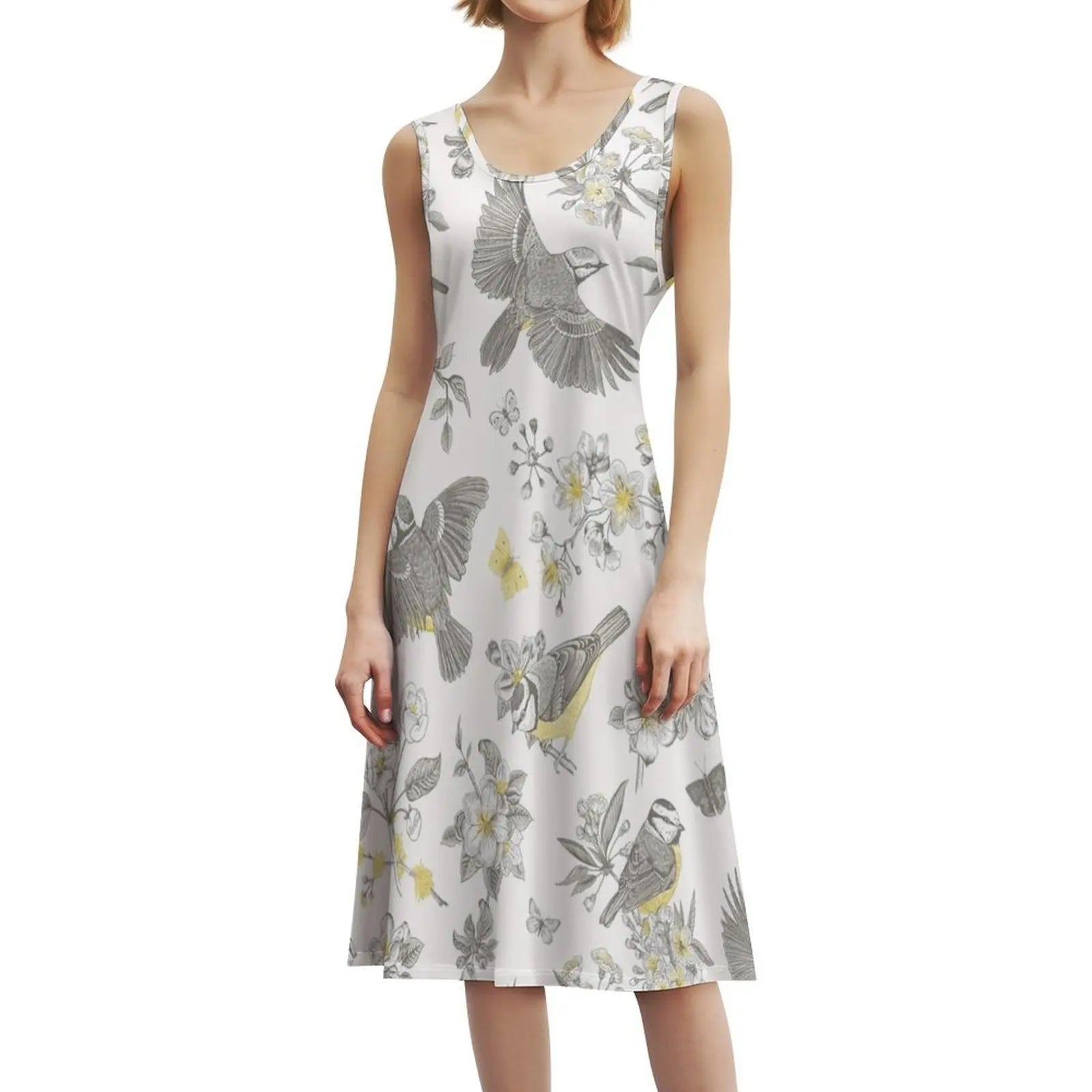 Vintage Yellow Grey Toile Birds French Country Women's Elegant Party Dress A-Line Dress With Short/Long/Sleeveless Options Aurexia off