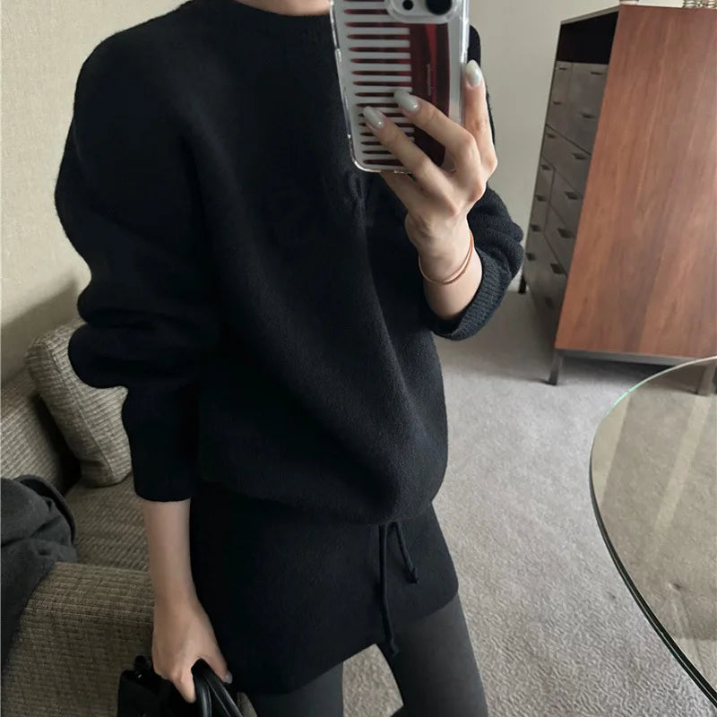 Casual Two-Piece Set Letter Embossed Pullover Outfit Long Sleeve Knit Skirt Set Mini Bodycon Wool Co-Ord For Women Cozy Warm Aurexia off