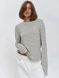 Bornladies Autumn New Fashion Women Cotton Striped Long Sleeve T Shirt Office Casual Simple Round Neck Pullover Tops & Tees Aurexia off