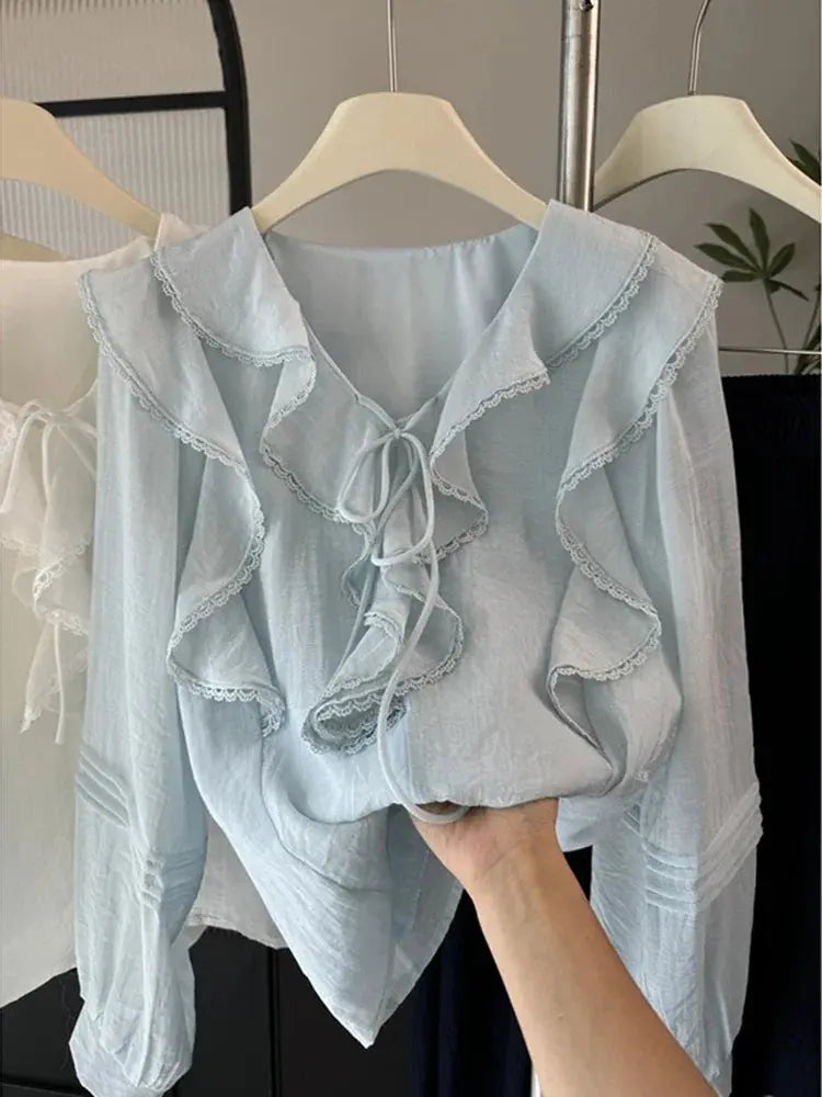 French V-Neck Chic Long Sleeved Blouse Women's Spring Summer Ruffled Casual Top New Design Aurexia off