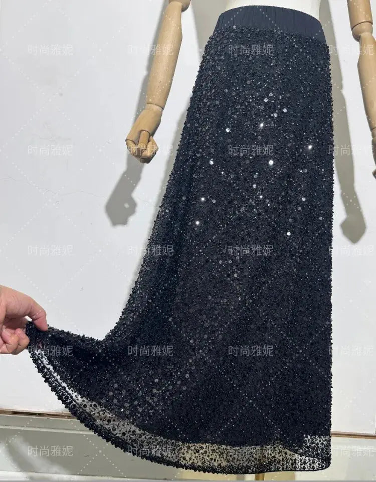 Fashion Heavy Sequin Beaded Cardigan Jacket for Women Slim Fit Bodycon Mid-Length Skirt Trendy Long Sleeve Coat Aurexia off