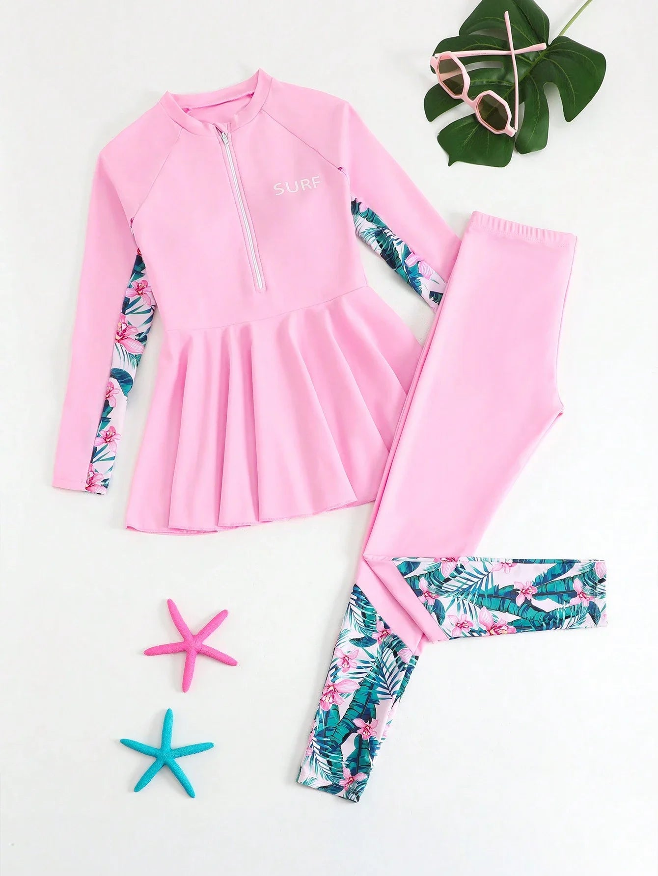 Pink Tropical Print Patchwork Rash Guard Set For Women Beach Vacation Swimwear Aurexia off