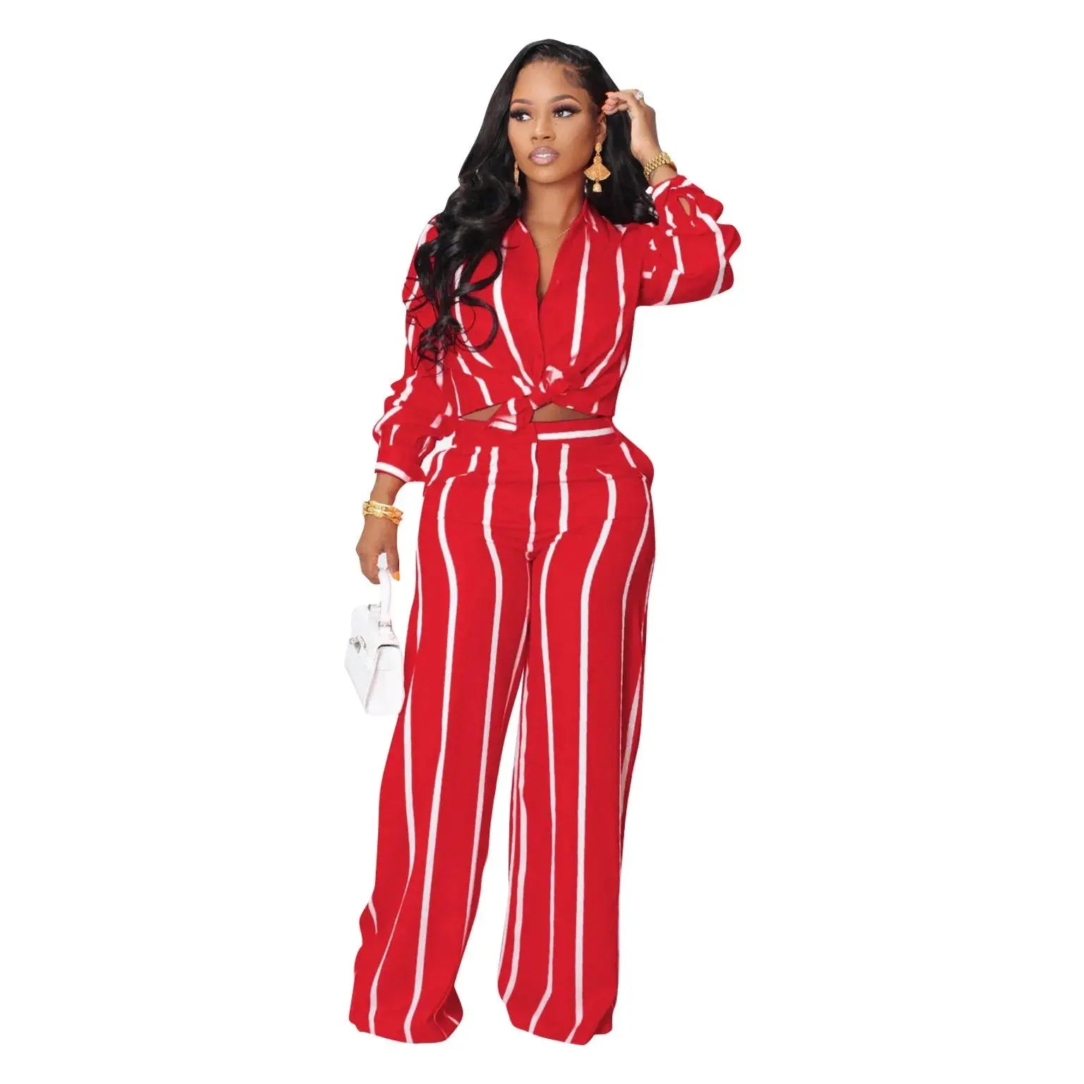 Women Outfit Two Piece Set Elegant Blouse Striped Print Long Sleeve Loose Fit Casual Summer Wear Female Clothing Sets Style Aurexia off