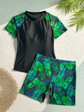 Women's Tankini Swimsuit Set, Two-Piece Swimsuit, Short-Sleeved Beach Vacation Conservative Slim-Fit Tropical Plant Print Boxer Shorts Sporty Fashion Swimwear Aurexia off