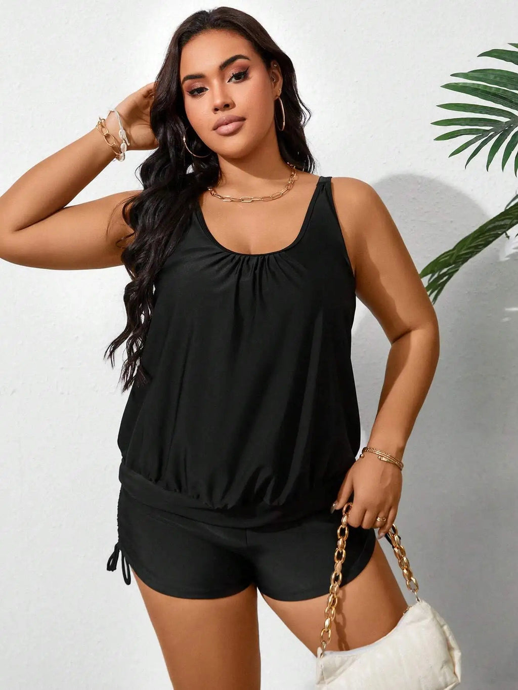 Plus Size Summer Beach Solid Sleeveless Ruched Tankini Set Aurexia off
