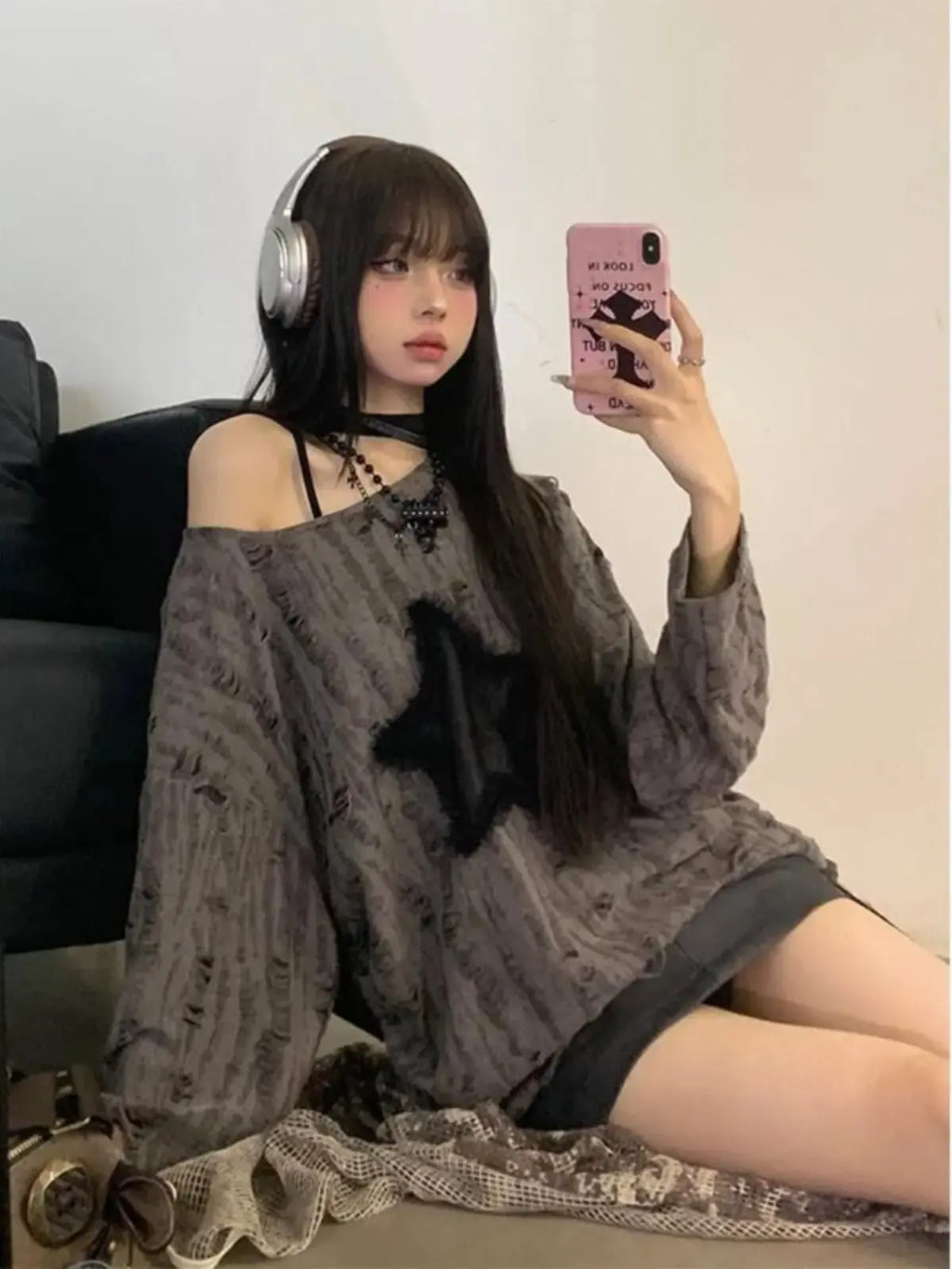 Fashion Streetwear Kpop Pullover Tops Hole Star Loose Y2K T-Shirt for Women O-Neck Drawstring Long Sleeve Top Aurexia off