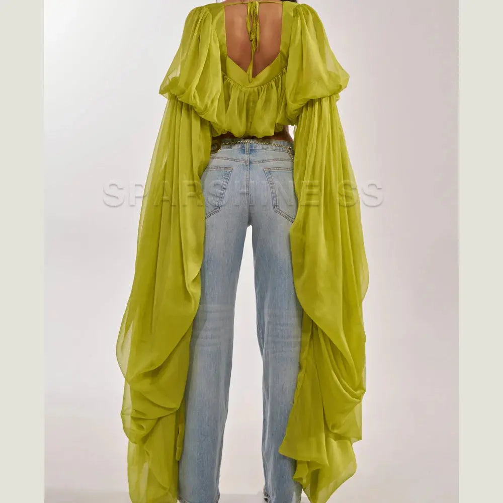 Women Chiffon Crop Top, Puff Long Sleeve Blouse, Square Neck Backless Tie Sheer Shirt for Party Nightclub Aurexia off
