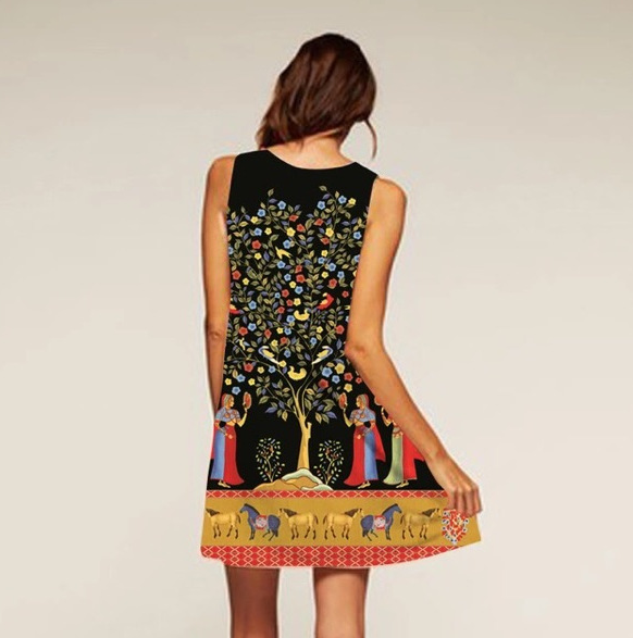Elastic Vintage Print A-Line Dress Aurexia off