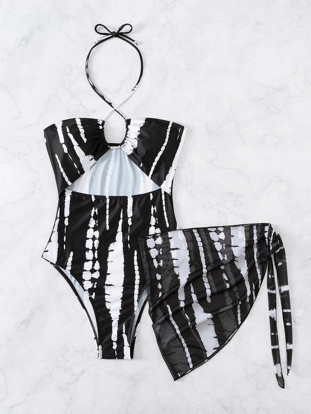Abstract Black White Tie Dye Halter One Piece With Cutout Detail And Sheer Wrap Skirt Aurexia off