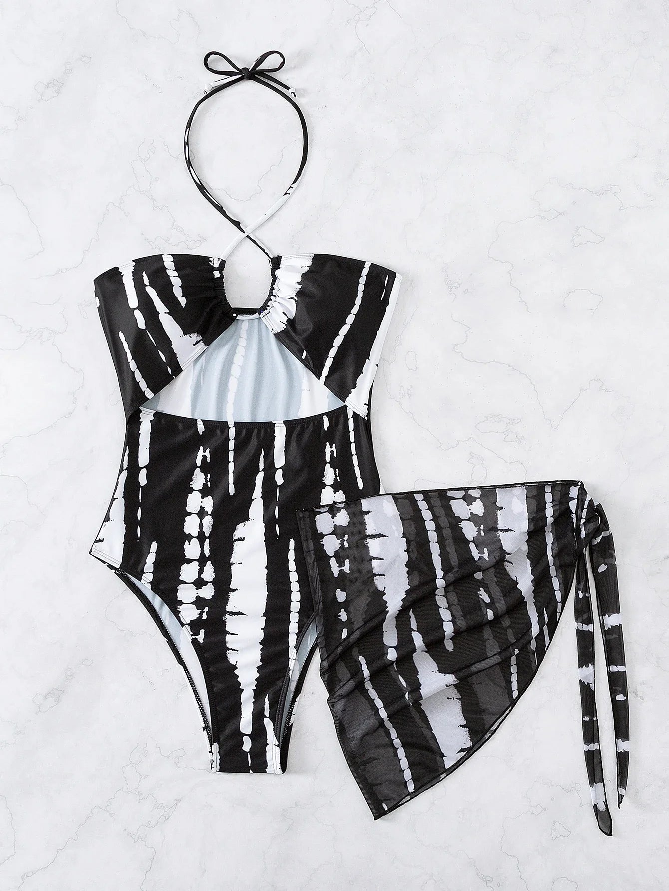 Abstract Black White Tie Dye Halter One Piece With Cutout Detail And Sheer Wrap Skirt Aurexia off