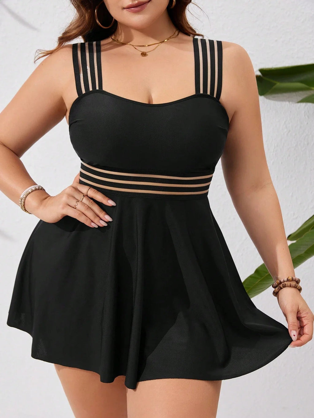 Black Plus Size Flirty Skirted Swimsuit Featuring Sheer Horizontal Stripes For Summer Beach Getaway Aurexia off