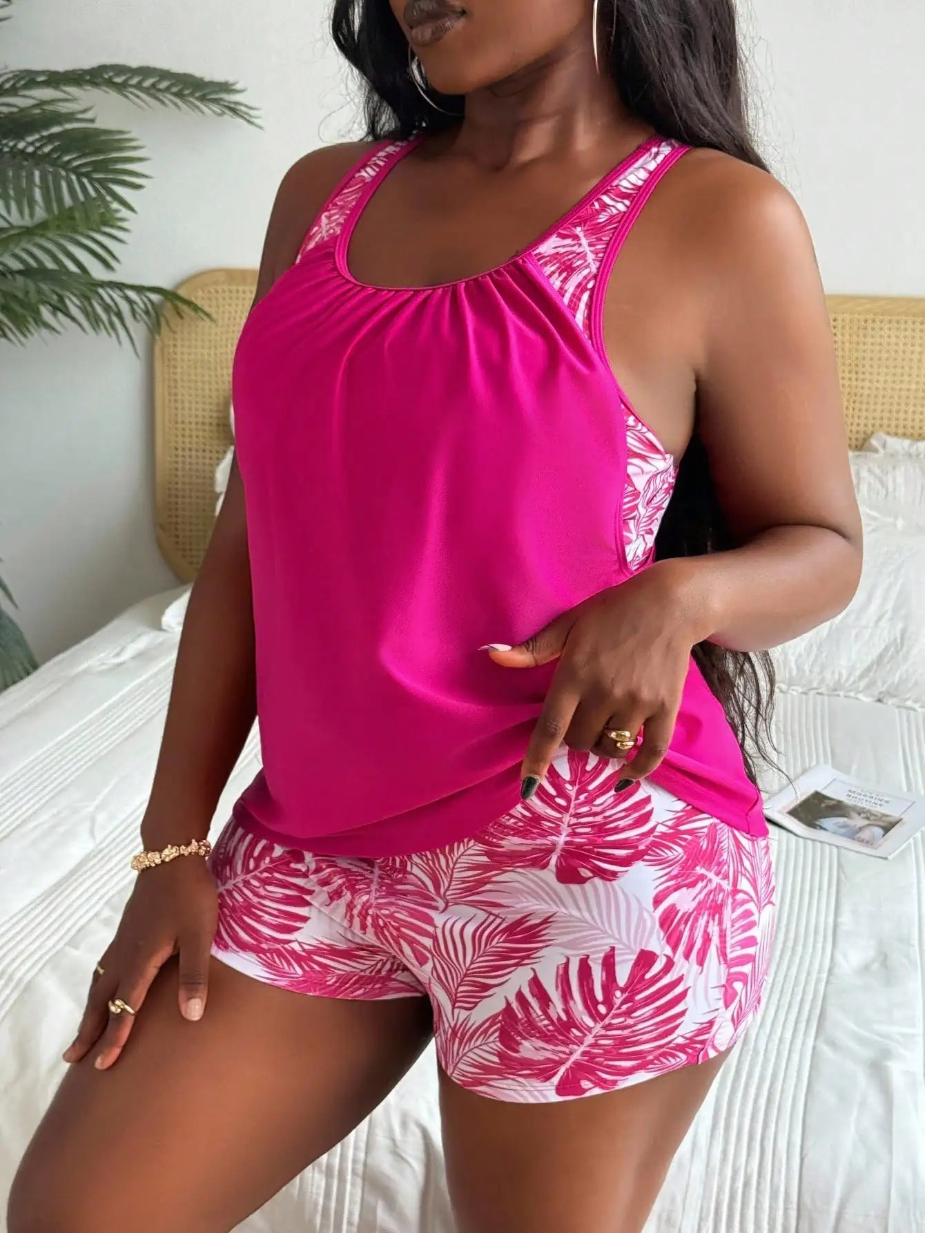 Vibrant Pink Plus Size Tankini Set With Tropical Leaf Print For Summer Beach Wear Aurexia off