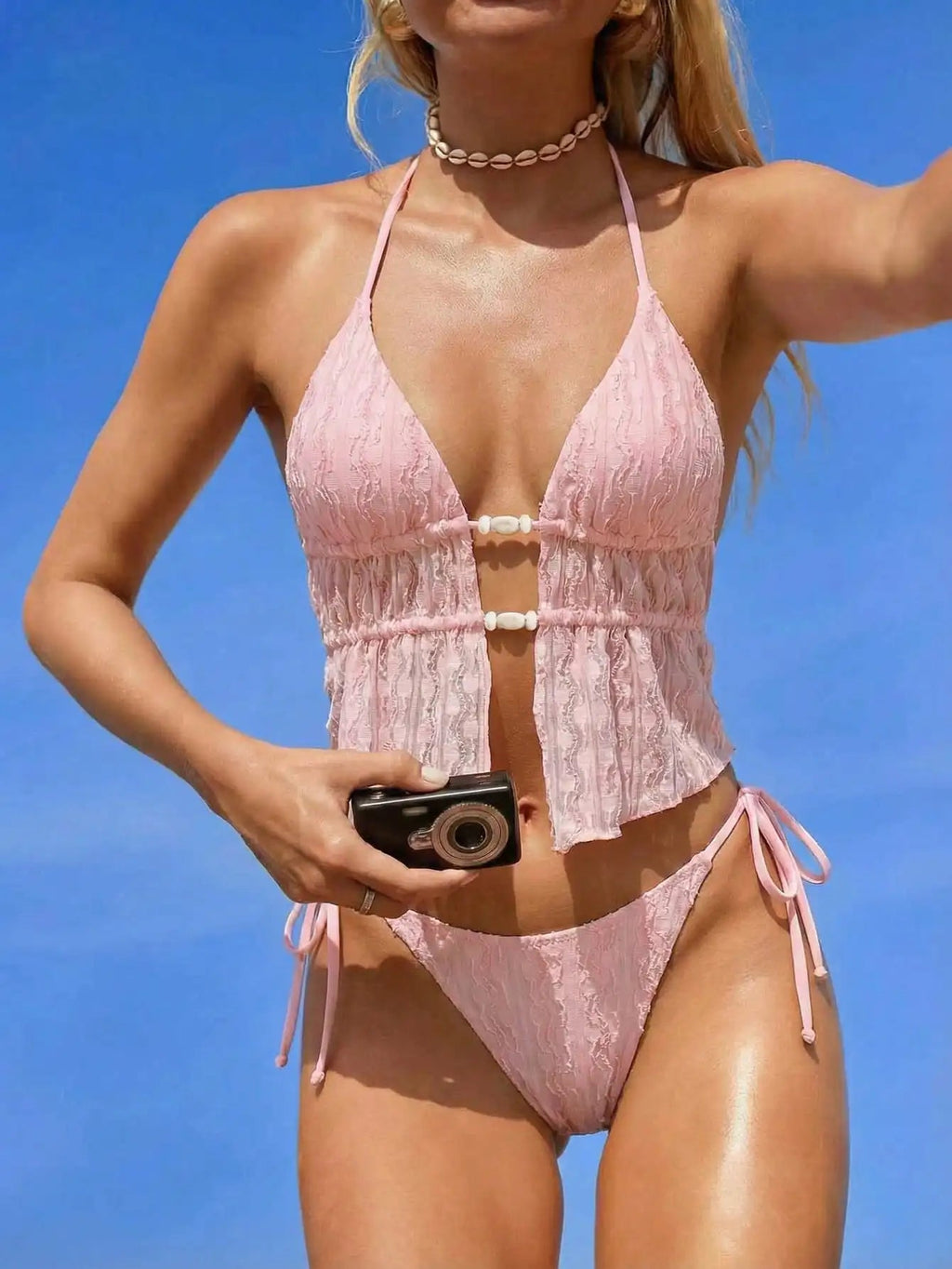 Cream Lace Halter Neck Tankini Set With Beaded Detail And Tie Side Bottoms Aurexia off