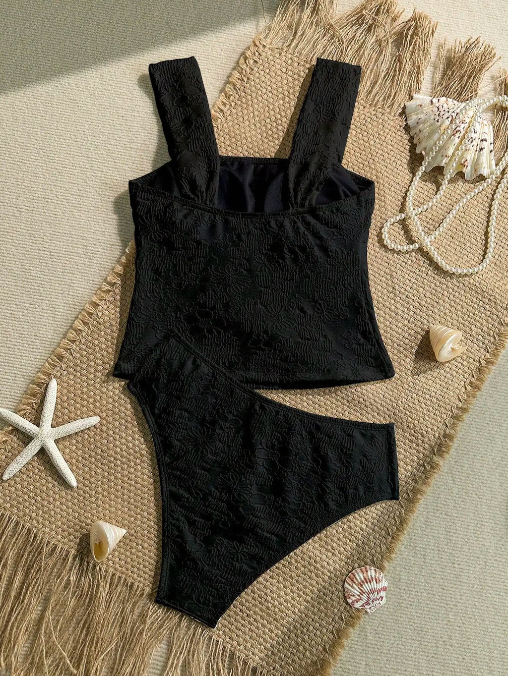 Black Jacquard Textured 2 Piece Women Beach Swimsuit Set Aurexia off