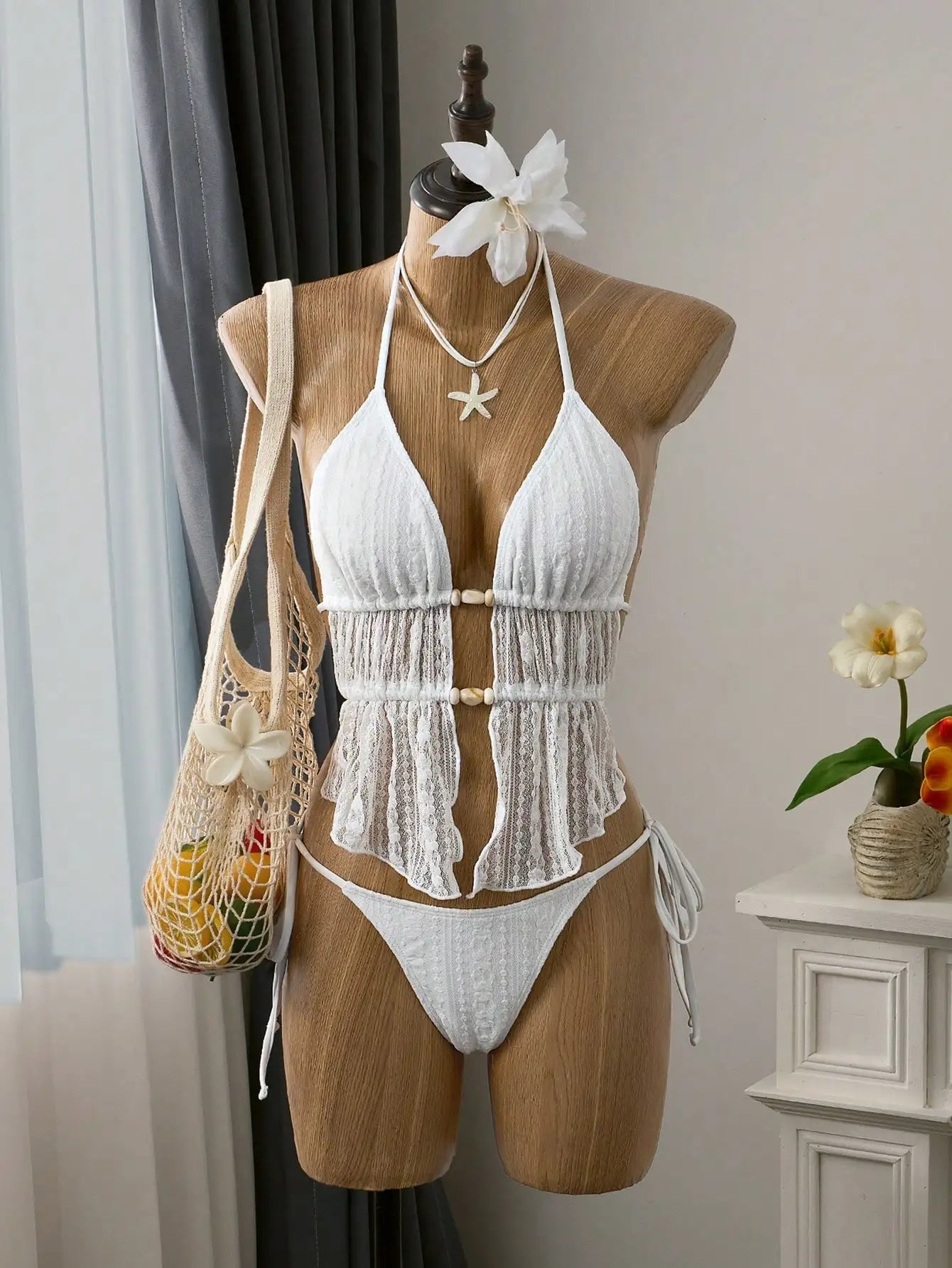 Cream Lace Halter Neck Tankini Set With Beaded Detail And Tie Side Bottoms Aurexia off