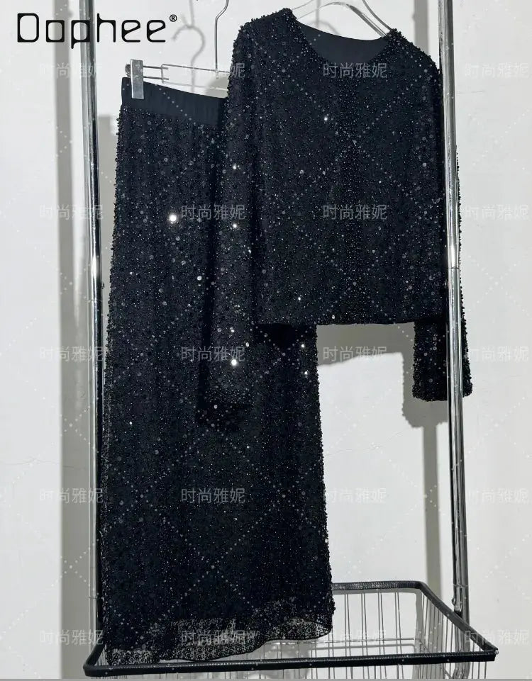 Fashion Heavy Sequin Beaded Cardigan Jacket for Women Slim Fit Bodycon Mid-Length Skirt Trendy Long Sleeve Coat Aurexia off