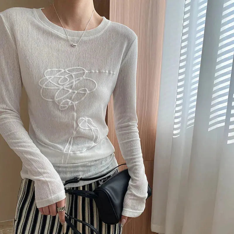 Women T-shirt Round Neck Three-dimensional Printed Pattern Slightly Transparent Solid Color Simple Versatile Long Sleeved Top Aurexia off