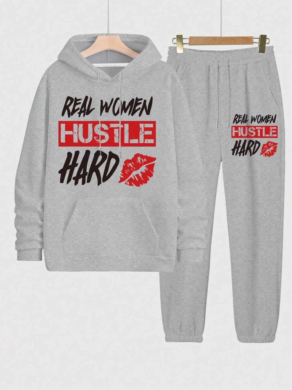 Real Women Hustle Hard Hoodie Sweatpants Set Gray Casual Sportswear Aurexia off