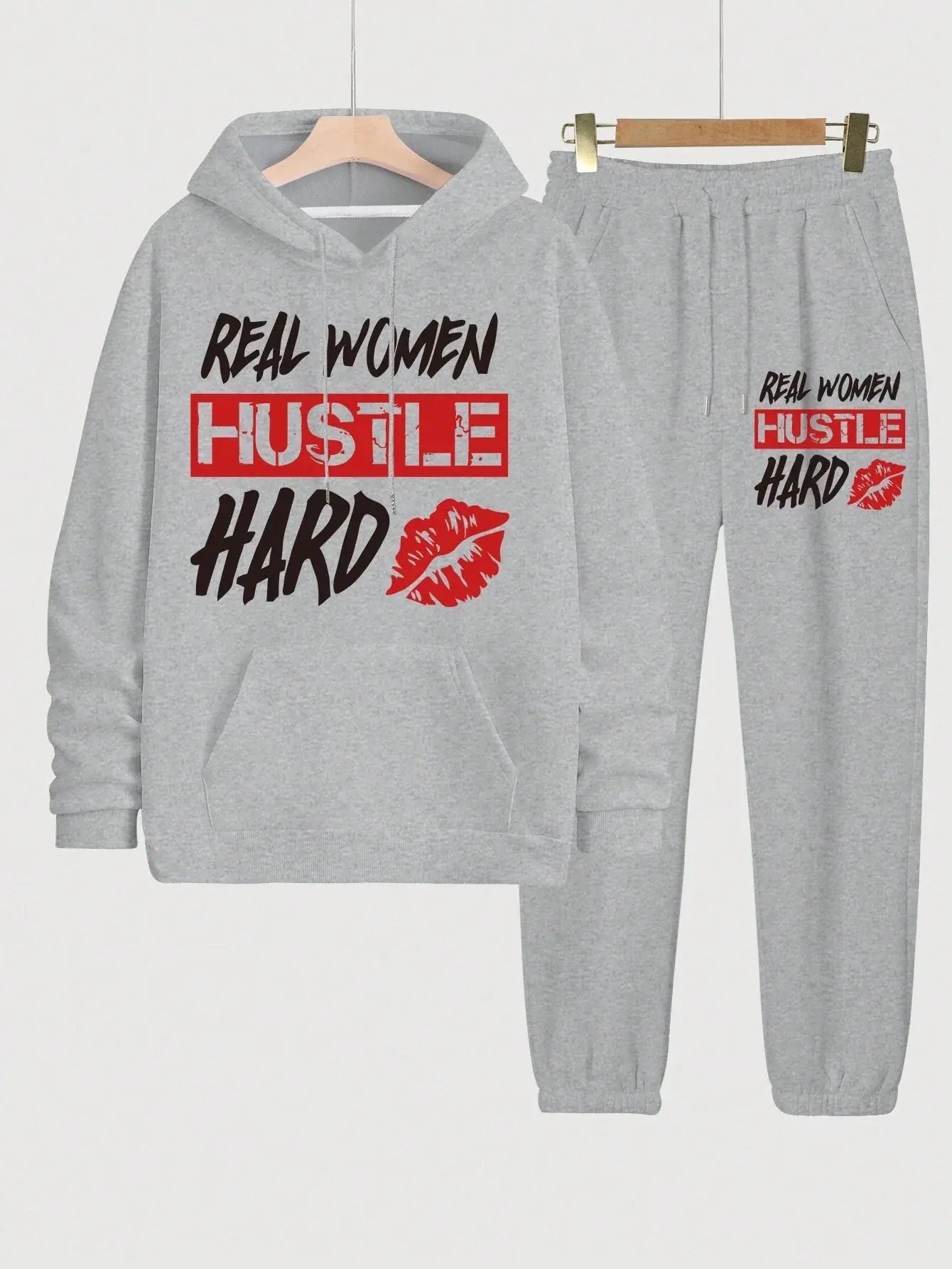 Real Women Hustle Hard Hoodie Sweatpants Set Gray Casual Sportswear Aurexia off