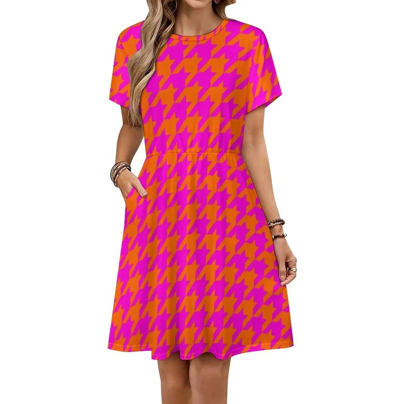 Pink & Orange Houndstooth Preppy Style Mini Dress For Women A-Line Loose Fit Casual Day Dress Large Houndstooth Dogstooth Pink Aurexia off