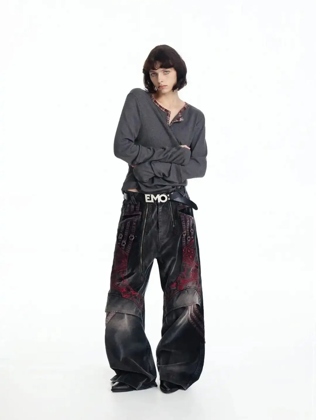 Gothic waffle long-sleeved henley shirt with checkered edging and back print T-shirt, Y2K street style Aurexia off