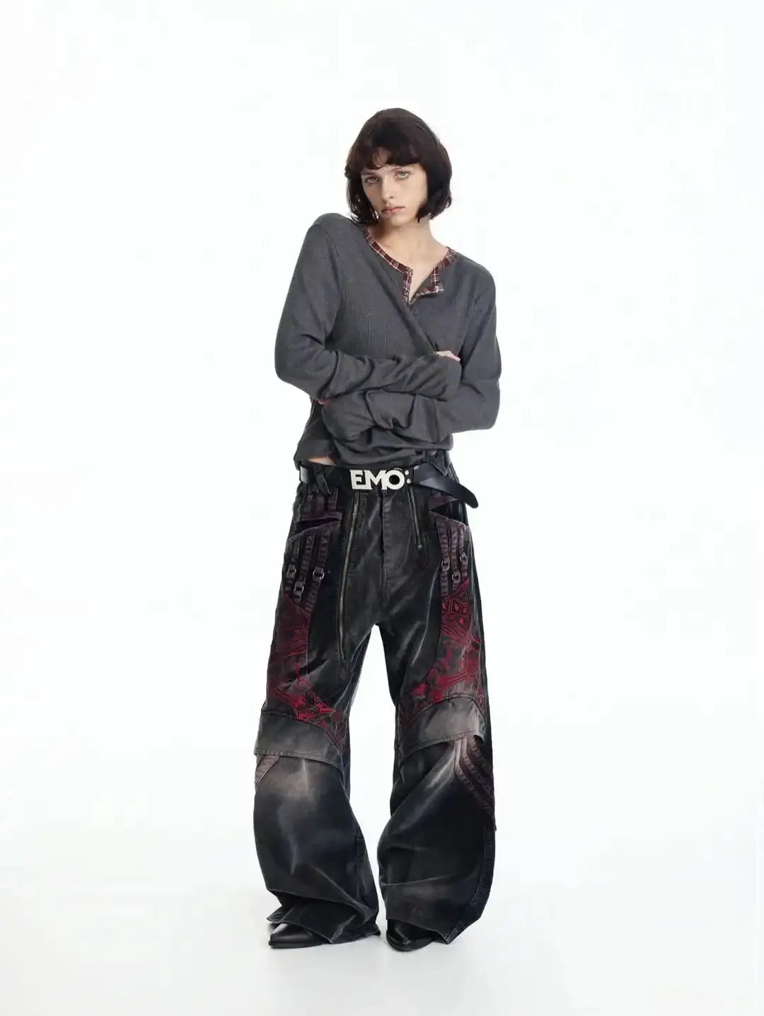Gothic waffle long-sleeved henley shirt with checkered edging and back print T-shirt, Y2K street style Aurexia off