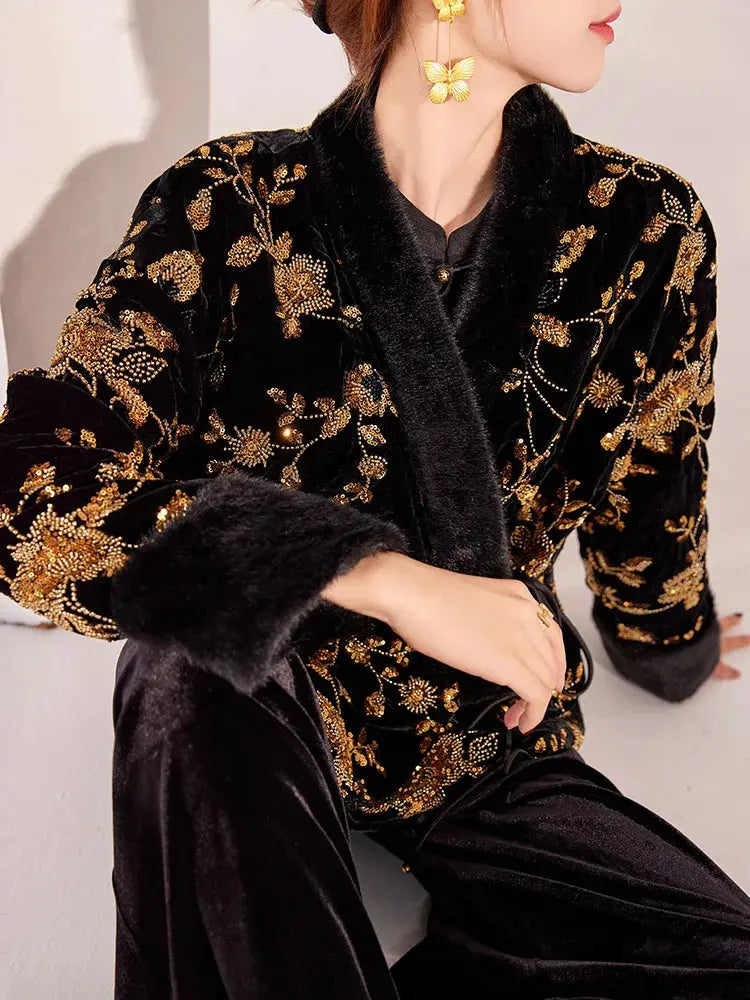 New Chinese Style Winter Women's Clothing, High-end V-neck New Chinese Style Gold Bead Embroidered Cotton Jacket Coat Outerwear Aurexia off