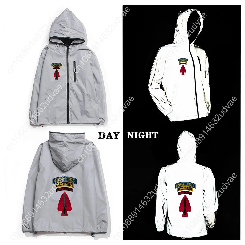 USASOC Reflective Jacket Mens Womens Coat Hooded Windbreaker Runing Pocket Jackets Cycling Hiking Zipper Customized Hoodie Aurexia off