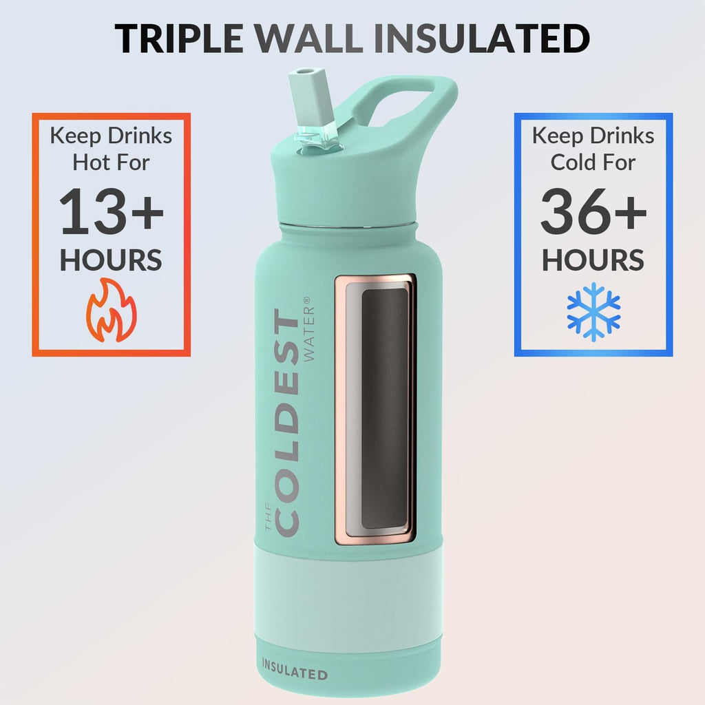 Coldest Insulated Water Bottle with Straw Lid - Stainless Steel Metal Insulated Bottle for Men & Women (Oceanic Green, 32 Oz)