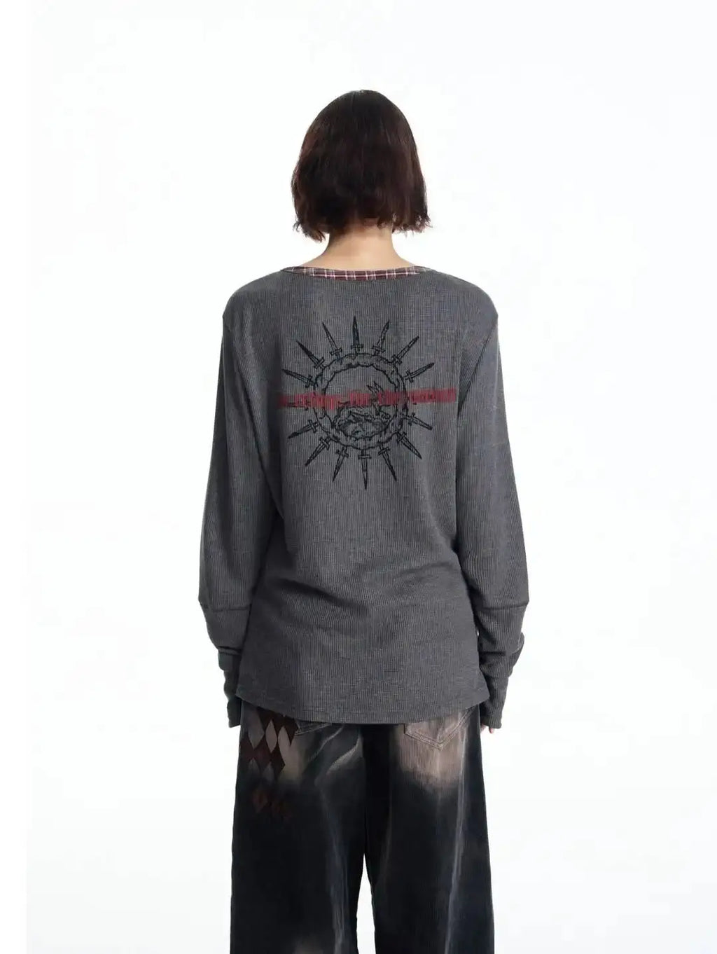 Gothic waffle long-sleeved henley shirt with checkered edging and back print T-shirt, Y2K street style Aurexia off
