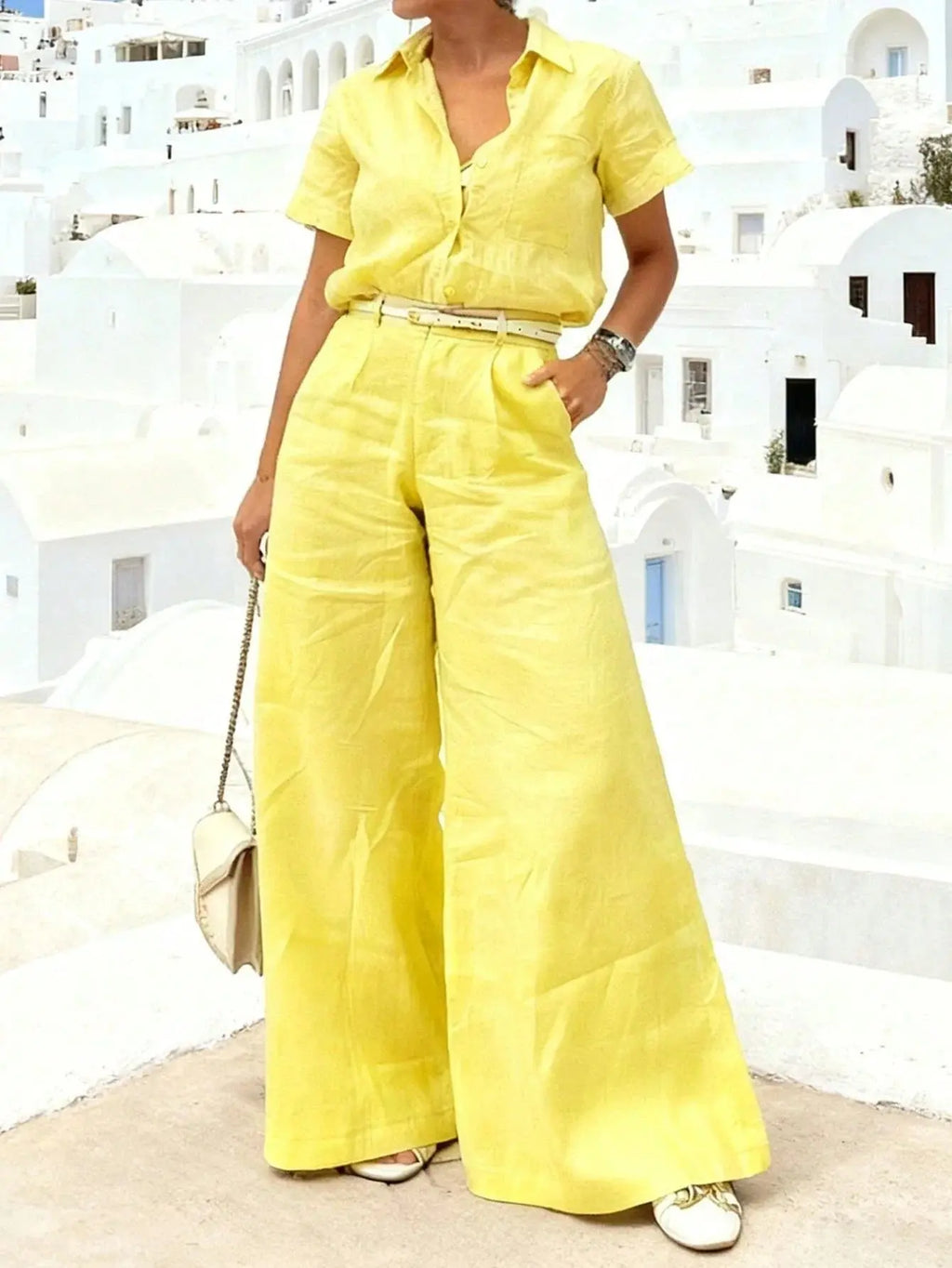 Women's Yellow Collared Short-Sleeve Two-Piece Set - Button-Front Wide-Leg Pants With Belt For Coastal Vacation Aurexia off