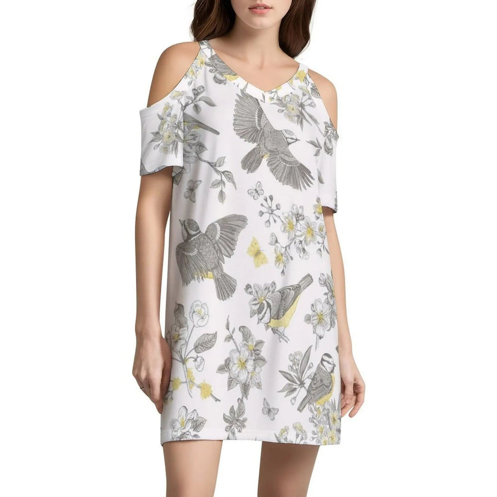 Vintage Yellow Grey Toile Birds French Country Women's Elegant Party Dress A-Line Dress With Short/Long/Sleeveless Options Aurexia off