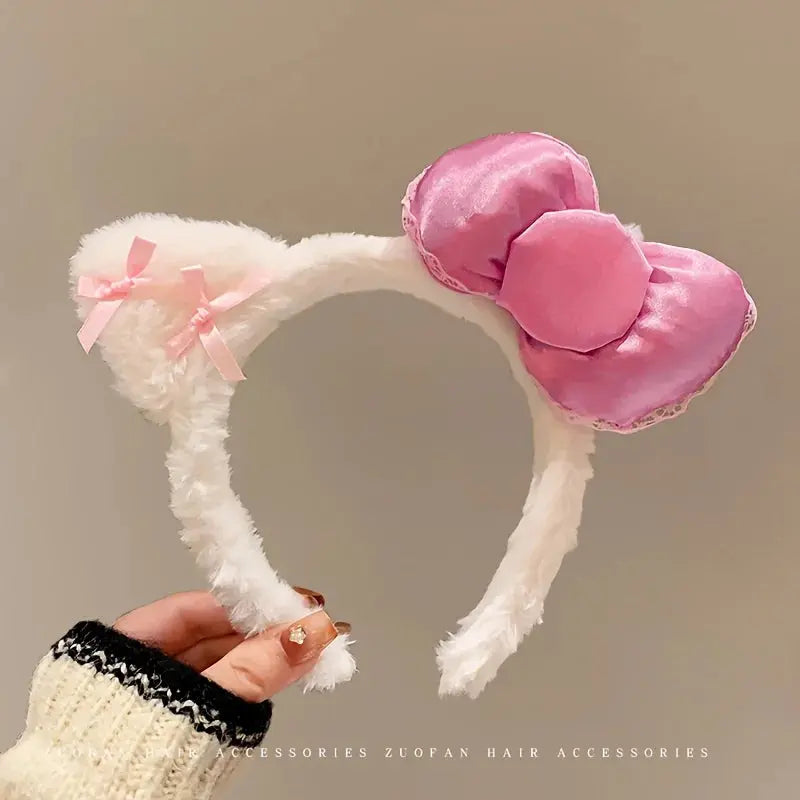 Hello Kitty Pink Bow Plush Headband  Women'S Cute and Comfortable Hair Accessory Suitable for Face Washing and Decoration Aurexia off