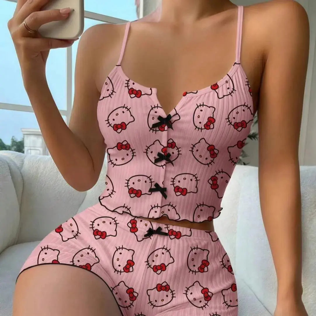 Sanrio Hello Kitty Bowknot Suspender Top Shorts Casual 2pcs Pajama Set Fashionable Thin Shoulder Strap Sexy Sleepwear Soft Pj Aurexia off
