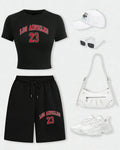 Los Angeles 24 Creative Letter Print T-Shirt Set Women Summer Cotton Crop T Shirt Wide-Leg Shorts Drawstring Pocket Gym Pant Aurexia off