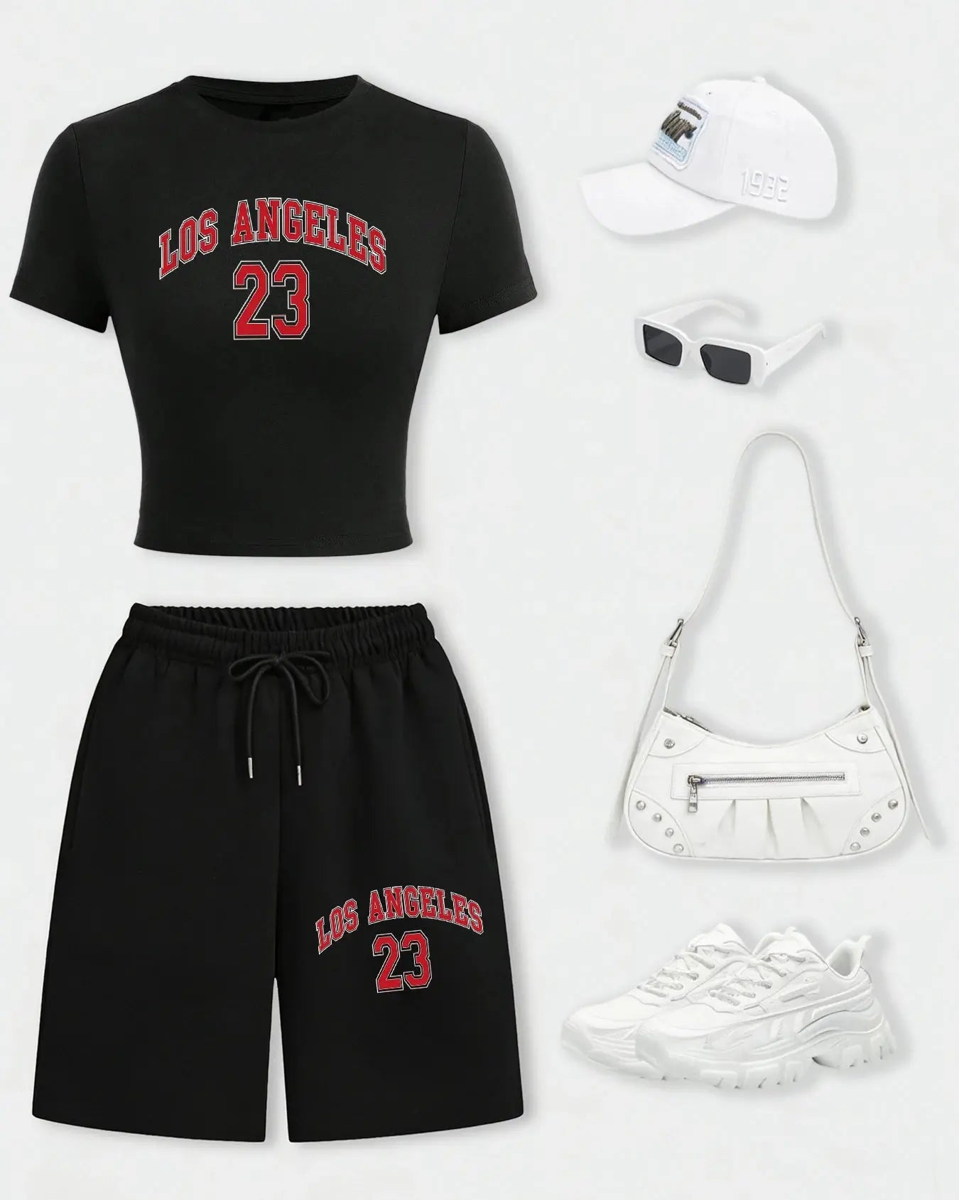 Los Angeles 24 Creative Letter Print T-Shirt Set Women Summer Cotton Crop T Shirt Wide-Leg Shorts Drawstring Pocket Gym Pant Aurexia off