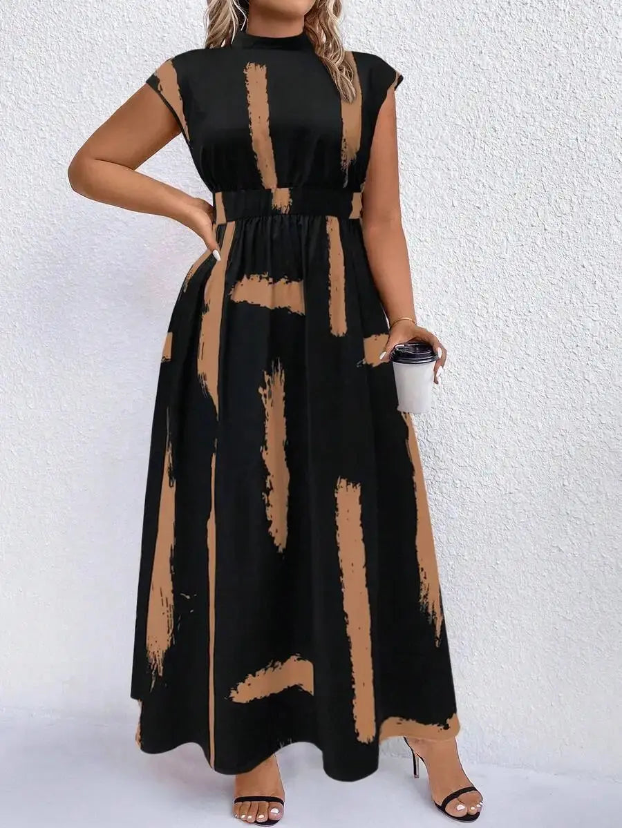 Black And Camel Abstract Print Mock Neck Maxi Dress For Women Aurexia off