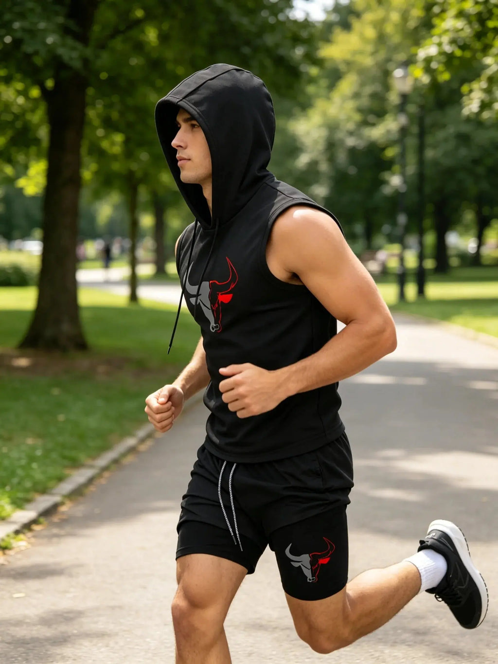 Men's 2 Piece Black Sleeveless Hooded Vest & Shorts Set, Bull Print Gym Tracksuit, Breathable Spring Summer Workout Fitness Wear Aurexia off