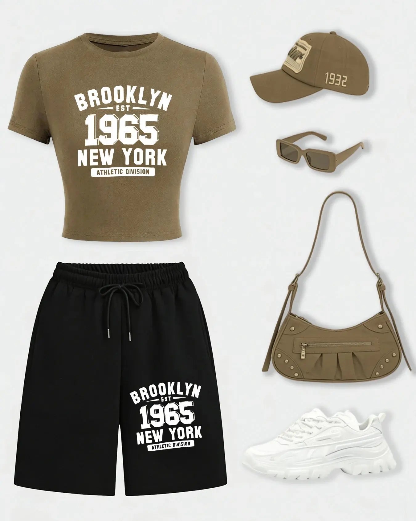 New York City Brooklyn 1965 Print Woman T-Shirt Suits Slim Cotton Crop T Shirt Summer Wide-Leg Shorts Drawstring Pocket Pant Aurexia off