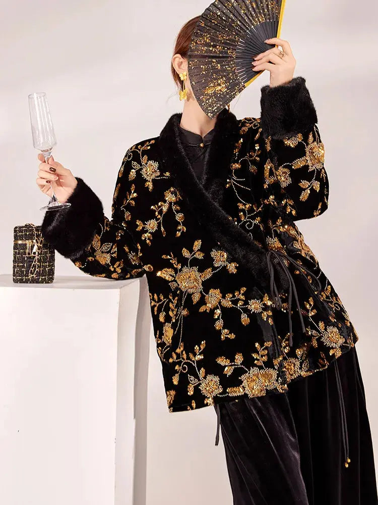 New Chinese Style Winter Women's Clothing, High-end V-neck New Chinese Style Gold Bead Embroidered Cotton Jacket Coat Outerwear Aurexia off