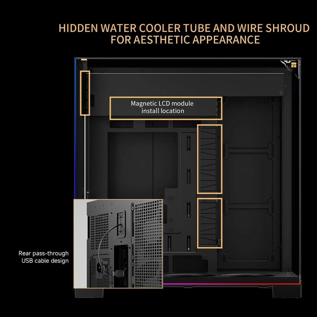 ATX Gaming Case with Panoramic Glass Panel, 8 Fan Slots, Type-C Interface, and 9.16-inch LCD Display Aurexia off